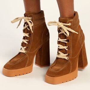 Schutz Fillipa Bear Brown Suede Leather Lace-Up Platform Ankle Booties size 10